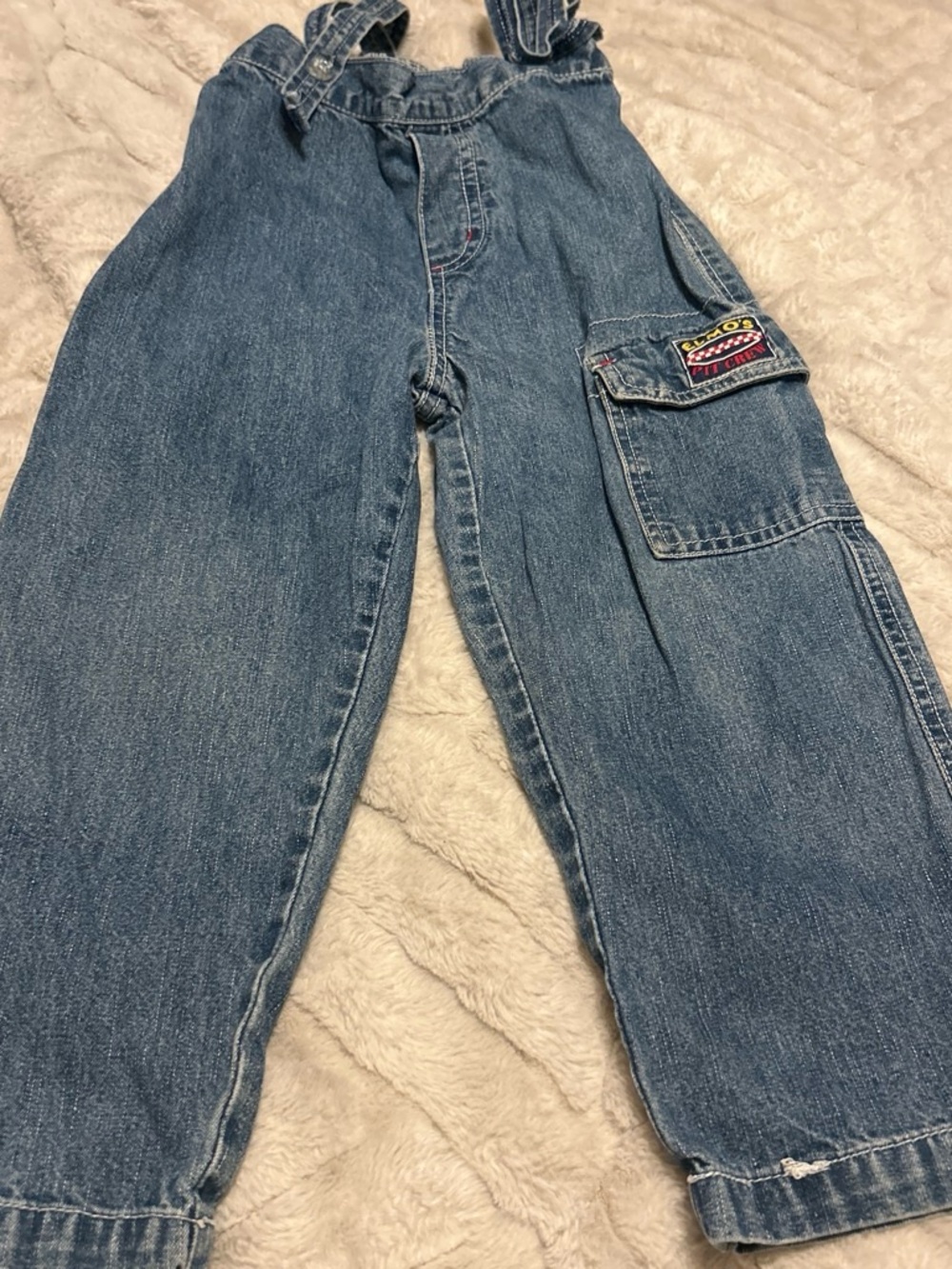 Y2K Kids Denim Overalls with Cargo Pocket - Blue Sesame’s Street Elmos pit crew